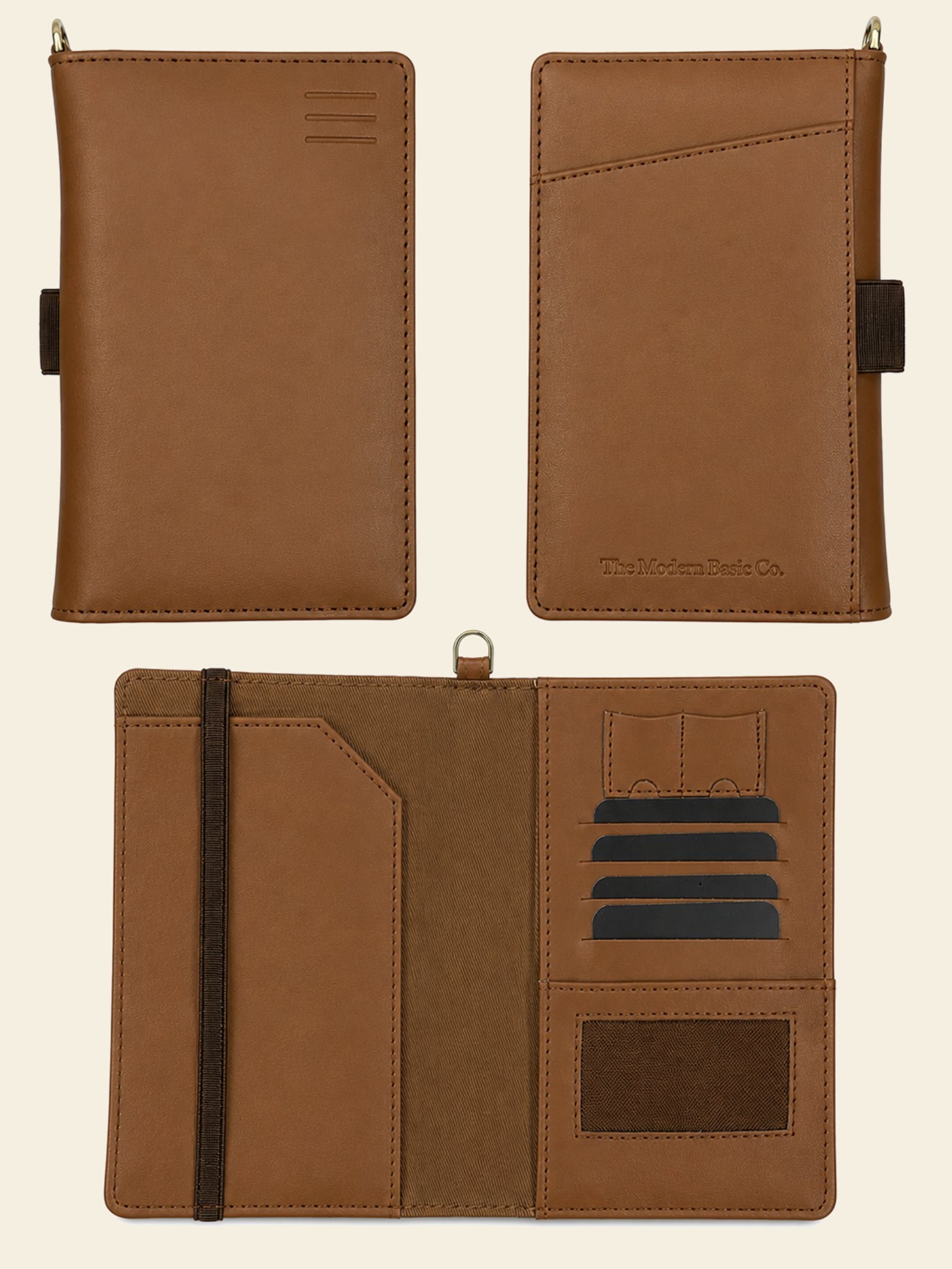 The Check-in Passport Wallet, open to its interior — Saddle Tan